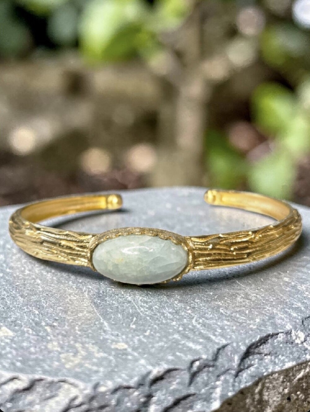 18k Gold Plated Artisan Texture Genuine Aquamarine Gemstone Cuff Bangle Bracelet